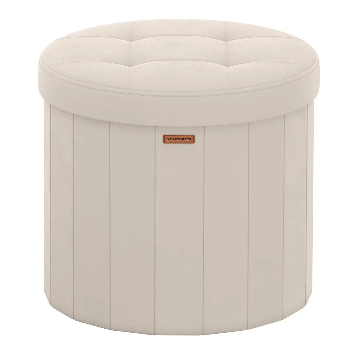 SONGMICS MAZIE Collezione - Pouf Contenitore Rotondo, Sgabello Poggiapiedi Pieghevole con Coperchio, Cassapanca, Montaggio Facile, Velluto per Camera, Soggiorno, Ingresso, Beige Cappuccino LSF608L01