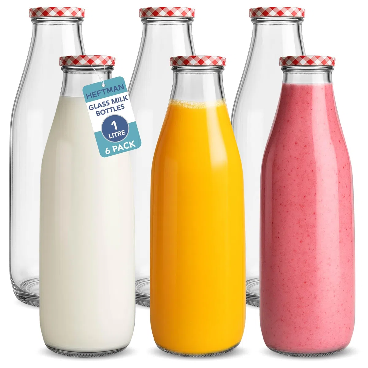 HEFTMAN Bottiglie per latte in vetro con coperchio, vuote, 1 litro, bottiglia per latte in vetro ermetica con coperchio rosso in Gingham, per bevande, liquidi e decorazioni, bottiglie per succhi in