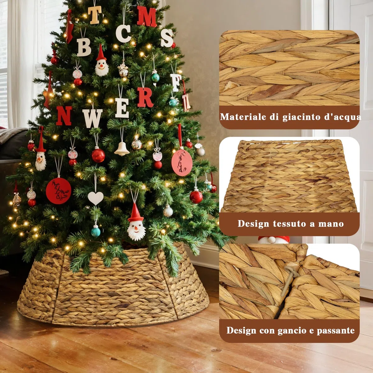 Lanpn Rattan Collana Albero di Natale 106 cm, Cerchio Gonne Albero di Natale Christmas Tree Collar Per Grande Alberi Artificiali Interno - Decorazioni Natalizie (Marrone)