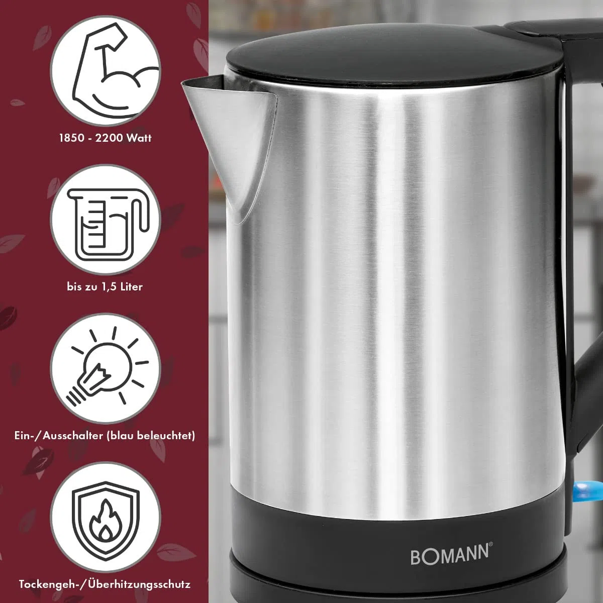 Bollitore elettrico - Bollitore elettrico - Bollitore in acciaio - Bollitore Bomann WKS 3002 CB 1,5 litri acciaio inox/nero - 2200 Watt - sistema di spegnimento automatico