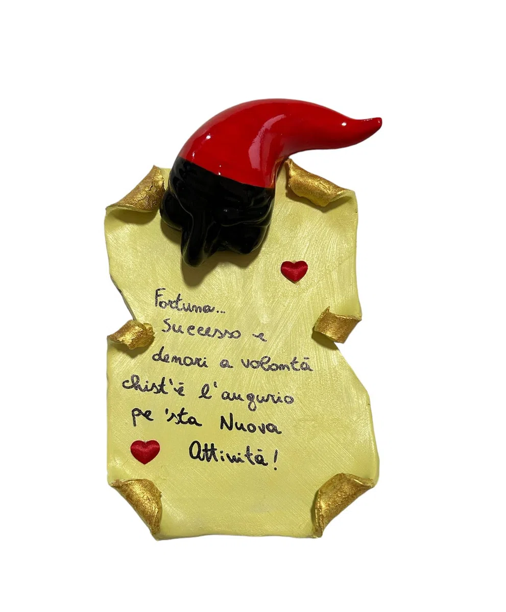 cornetto corno portafortuna con pergamena e frase IN CERAMICA (ceramica 1)