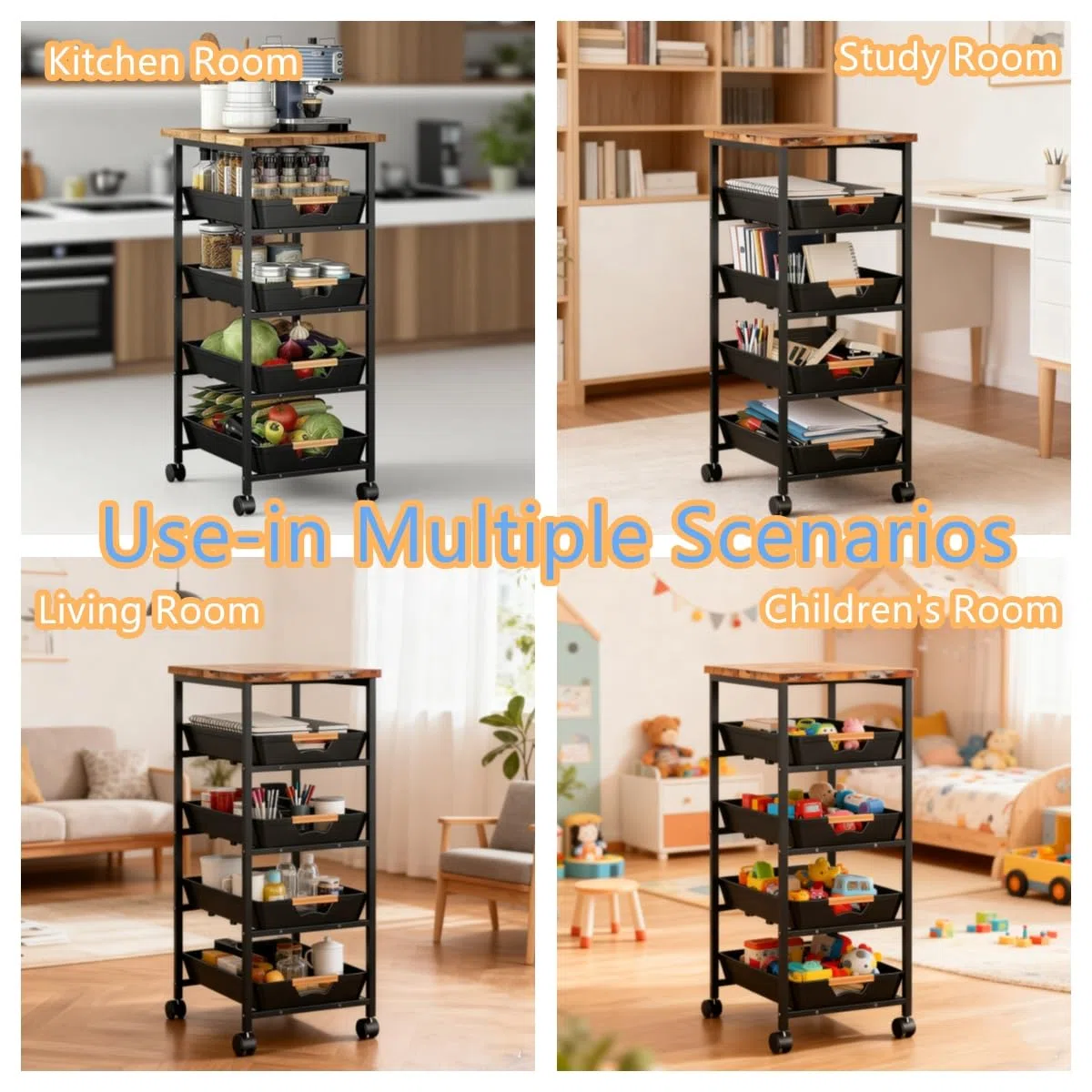 Carrello multiuso a 5 ripiani con piano e cassetti in legno, struttura in metallo con ruote, per cucina, bagno, soggiorno, ufficio