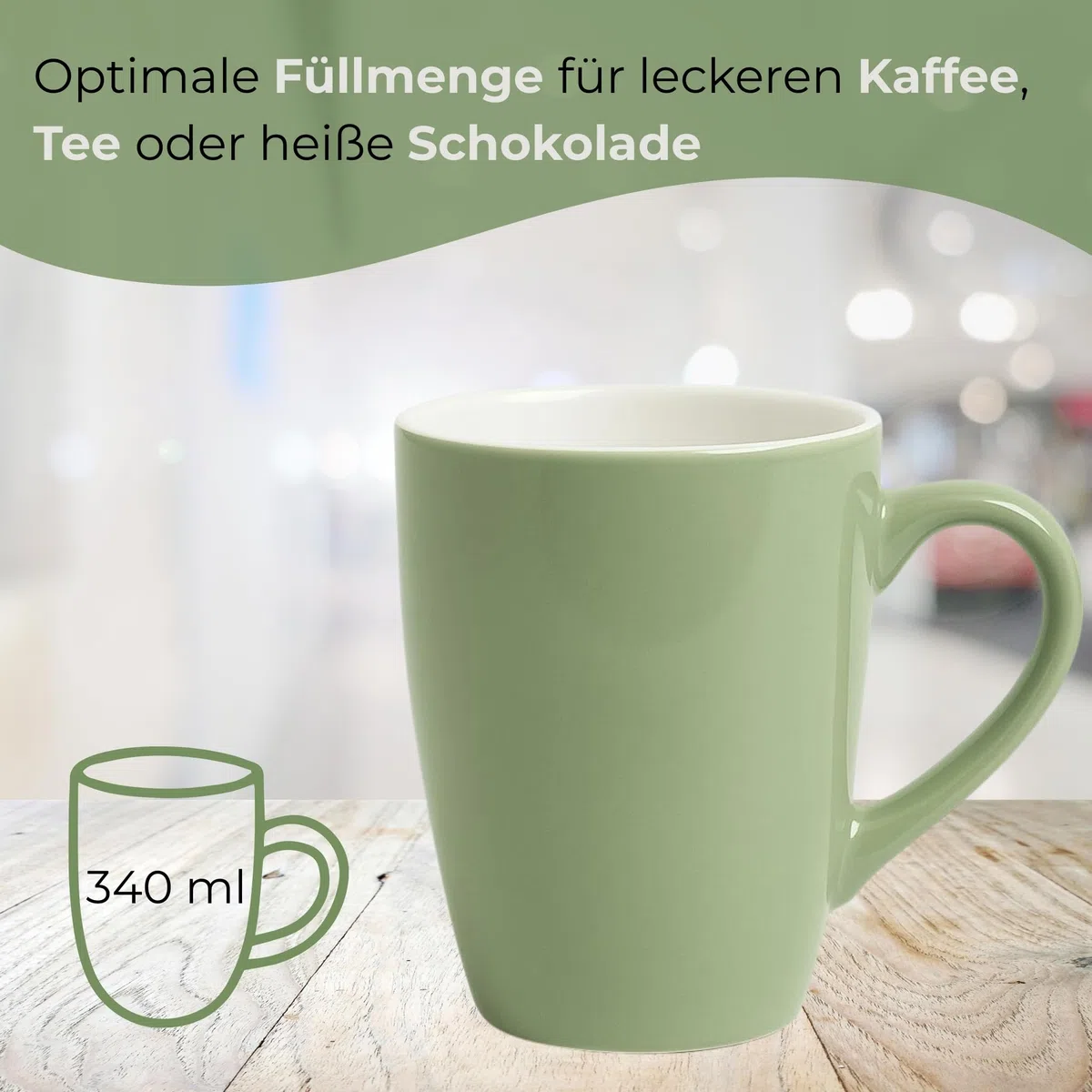 matches21 HOME & HOBBY Set di 6 tazze da caffè in ceramica da 340ml - Tazze da tè per 6 persone in salvia, bicchieri da caffè lavabili in lavastoviglie