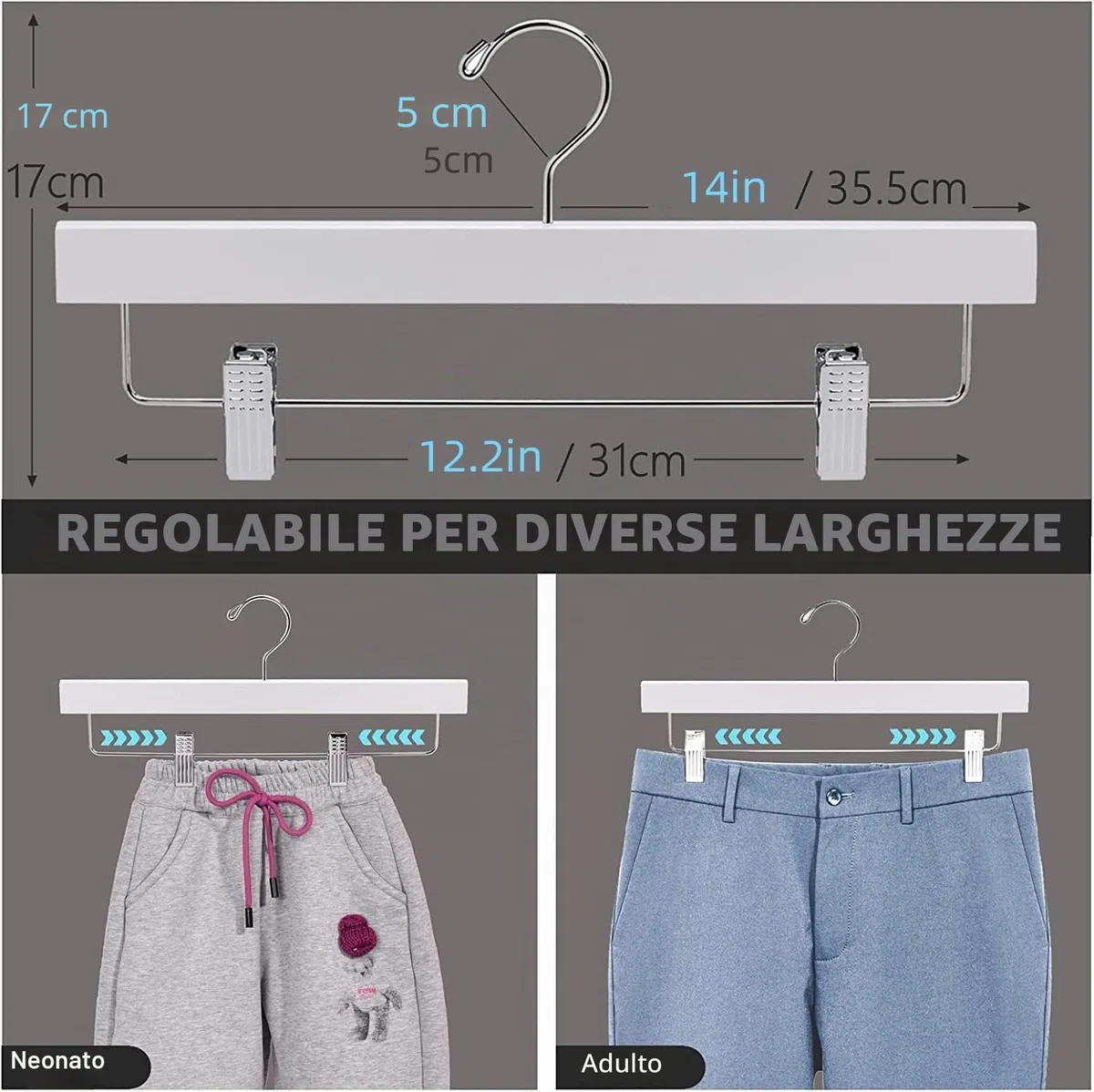 Amber Home 10 Pezzi 35.5cm Grucce Appendiabiti in Legno Bianco Liscio Robusto per Pantaloni Gonna Calzino Biancheria Intima Mutande con Clips