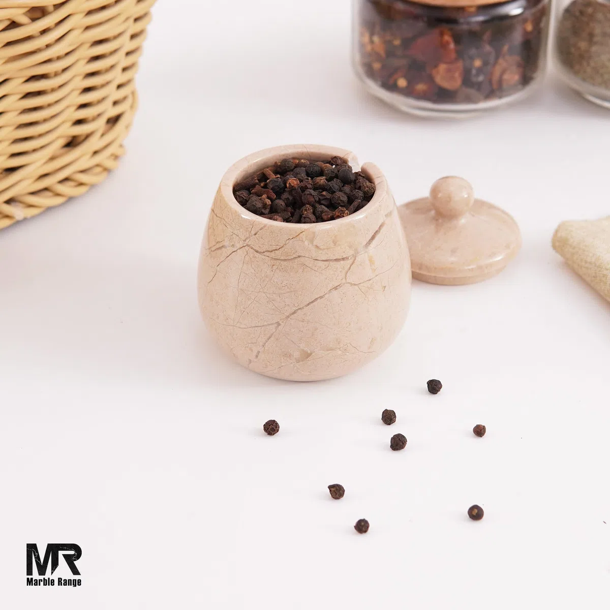 MARBLE RANGE Salina in marmo con coperchio Verona 8,4 cm contenitori per spezie fatti a mano, porta sale con coperchio e cucchiaio, contenitori per sale e pepe, cantina per sale per tavolo da cucina