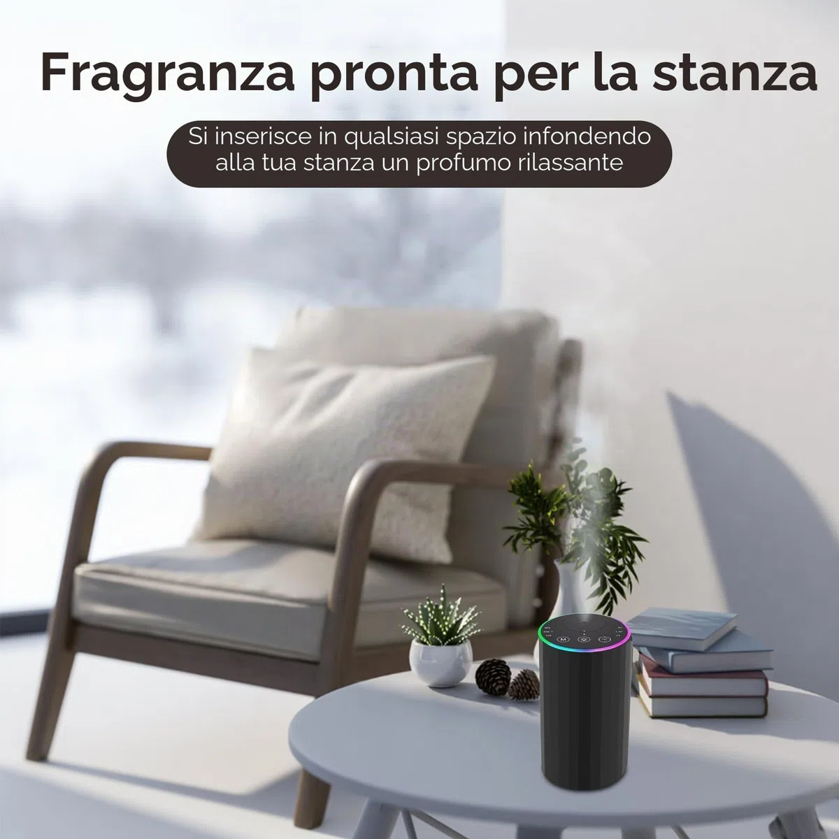 Diffusore senza acqua per oli essenziali per casa, funzionamento a batteria, senza fili, con temporizzazione e 3 livelli di nebbia, auto, camera da letto, ufficio, lega di alluminio nera (Schwarz)