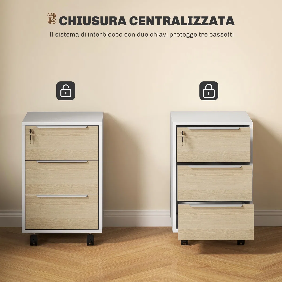 HOMCOM Schedario da Ufficio con 3 Cassetti, 4 Ruote, Cassettiera Ufficio con Serratura e 2 Chiavi per Lettera/Formato A4, Armadietto Verticale per Studio, 40x40x63.5 cm, Bianco e Rovere