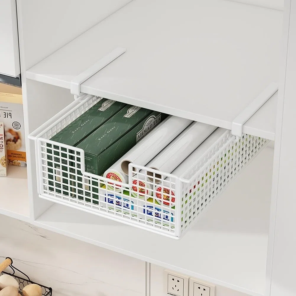 RichVibe - Organizzatore da appendere sotto il mobile con cassetto portaoggetti per utensili da cucina, 37x22x9 cm, in materiale ferro con alte guide laterali, design estraibile, bianco/nero