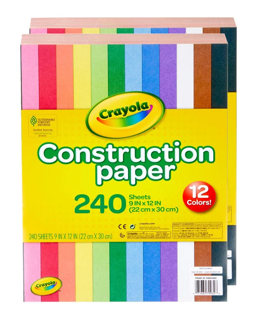 Crayola - Construction Paper, 240 fogli 22x30cm, 10 colori assortiti, per disegno, collage, art&craft