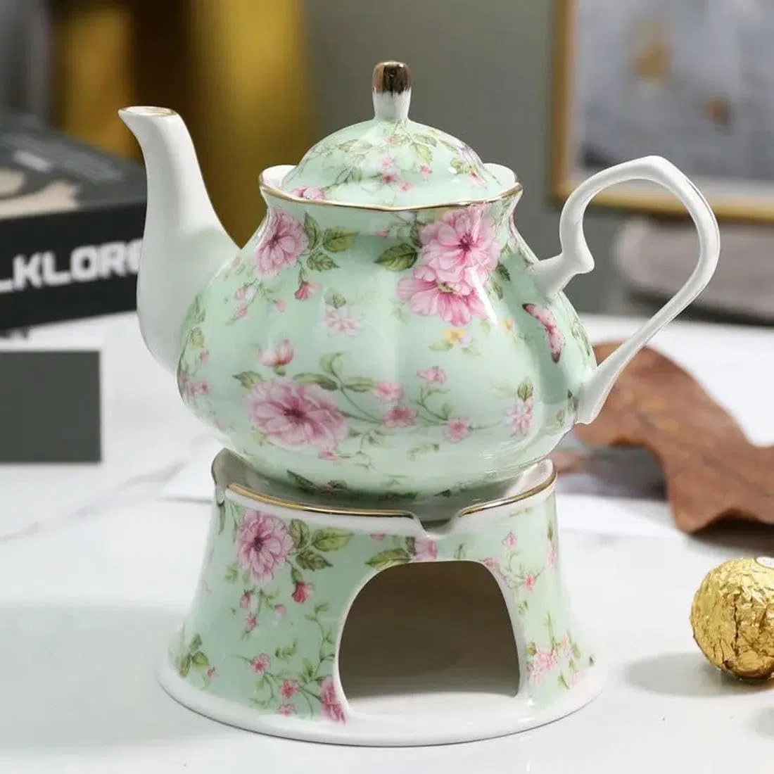 Teiera Inglese Britannica da 400 ml con Base riscaldante in Porcellana, Set di teiere con fornello in Ceramica
