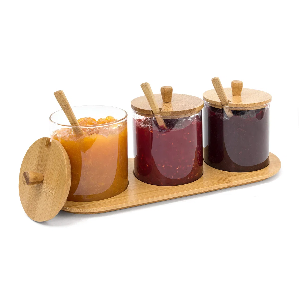 Relaxdays Portaspezie Jiao con Vasetti in Vetro, Coperchi, Cucchiaini e Vassoio in bambù, Barattoli Trasparenti,Naturale