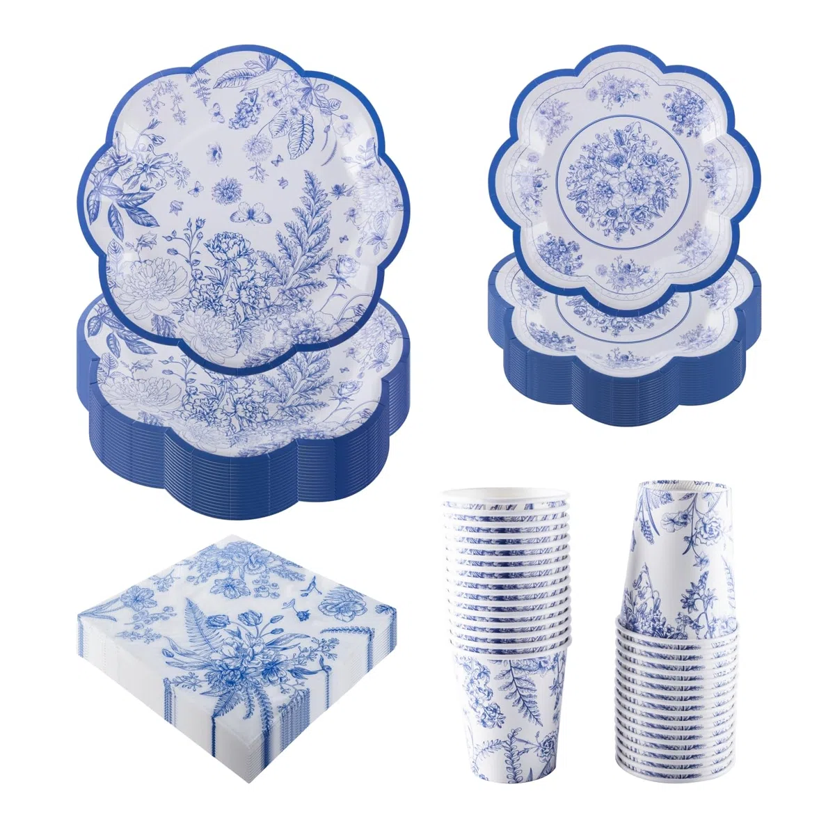 Set di stoviglie da festa vintage PHUNAT per 30 ospiti - Piatti di carta ondulati blu e bianchi, tovaglioli e tazze - Stoviglie eleganti per il tè pomeridiano, compleanni, docce nuziali e feste in