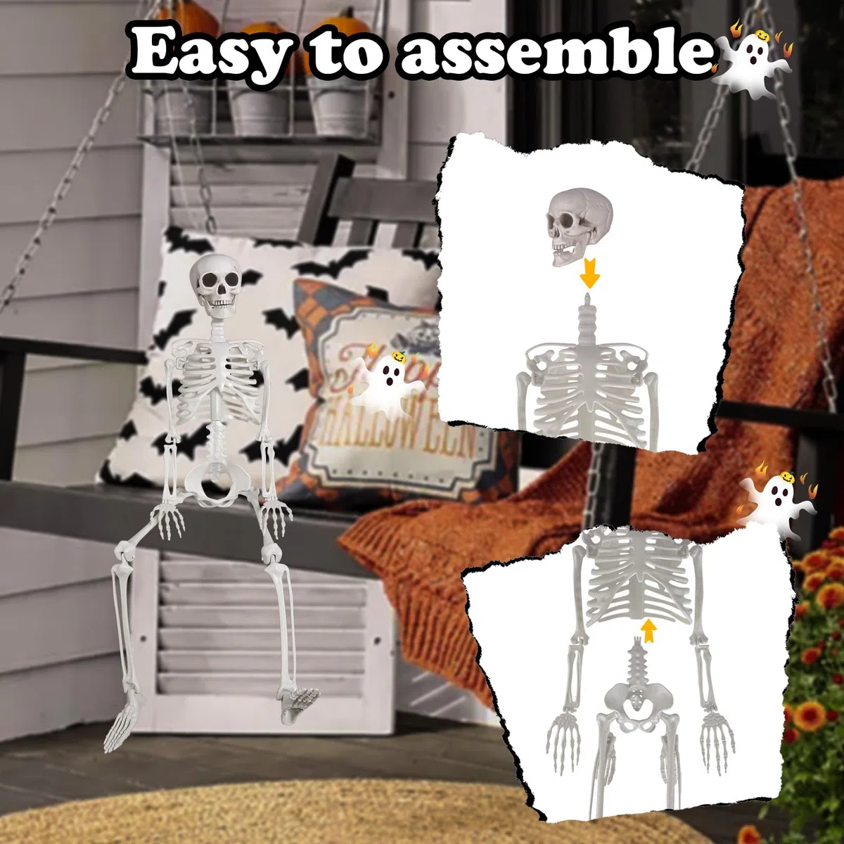 Scheletro per Halloween, in plastica, 90 cm, con articolazioni mobili, per Halloween, casa, giardino, casa, terrazza, decorazione (1 Pezzi)