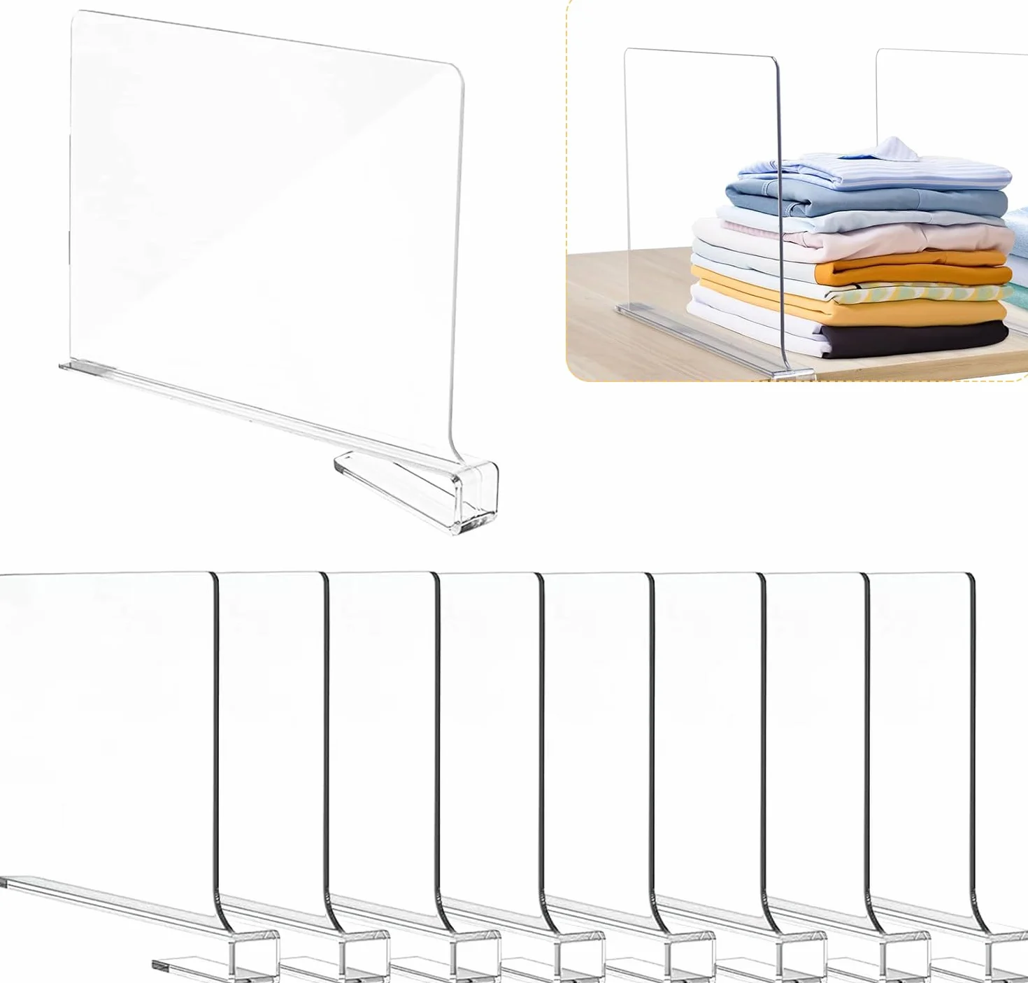 8 Separatori per Scaffali in Acrilico Trasparente, 30 x 20 cm Divisori Multifunzionali, Organizer Separatore Armadio Multiuso, Acrilico Trasparente per Camera da Letto, Uffici e Molto Altro