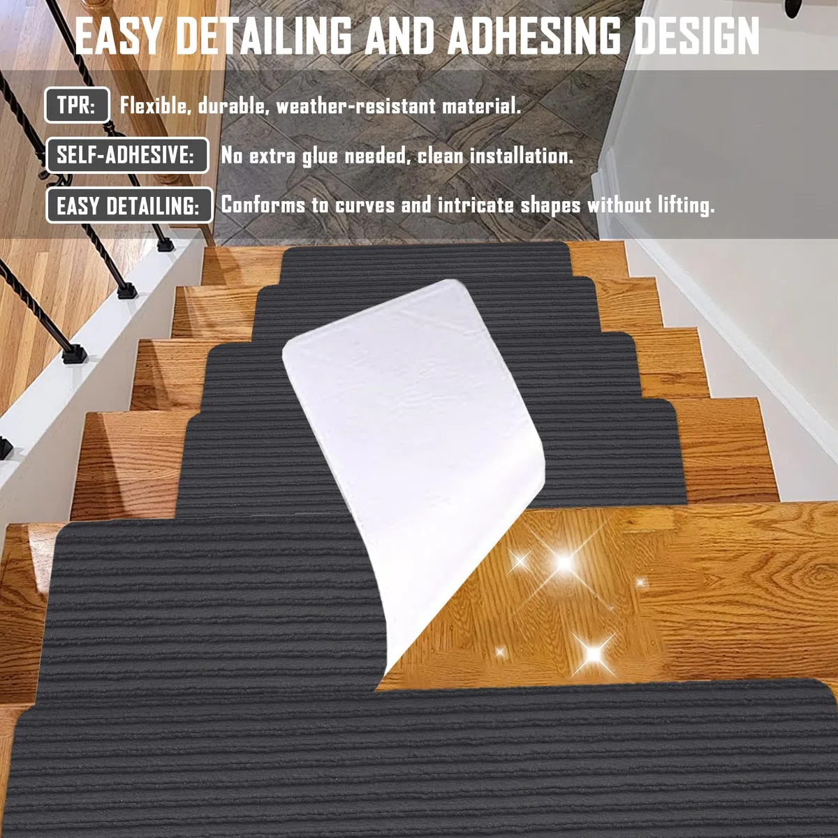 Tapis D'Escalier Antidérapant, Tapis Escalier Marche, Lot De 15 Marchettes D'Escalier Autocollantes Intérieur, Moquette Escalier Réutilisable Découper Pour Protéger Animaux (Grigio scuro, 55 X 22 Cm)