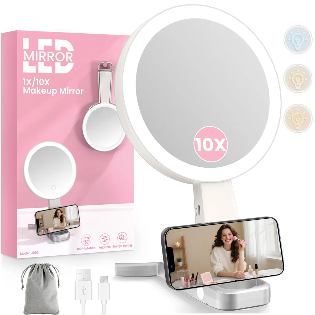 Specchio Trucco con Luci, Specchio Ingranditore 10X/1X a Doppio Lato, Luminosità Regolabile a 3 Colori, Specchio da Tavolo Pieghevole con Foro, Specchio Ricaricabile e Portatile per Viaggio e Casa