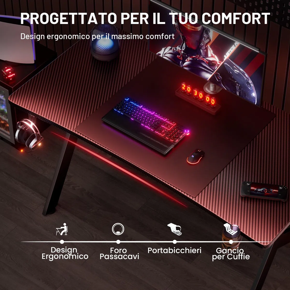 HLFURNIEU Scrivania Gaming Ergonomica, 120 x 60 cm Tavolo da Computer, Scrivania Gamer con Porta Bicchiere e Gancio per Cuffie, Piano del Tavolo in Fibra di Carbonio Impermeabile, Nero