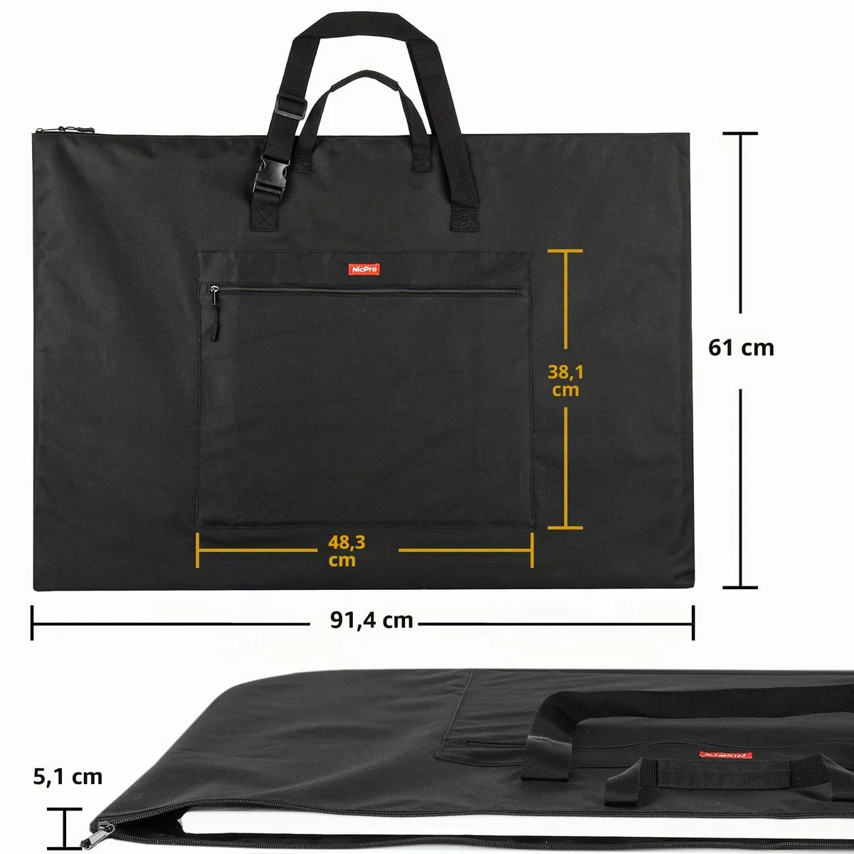 Nicpro Grande formato Art Portfolio Tote 65 x 95 cm Nero, Impermeabile Nylon Morbido Artista Storage Case per Poster Sketching, Disegno, Opere D'arte