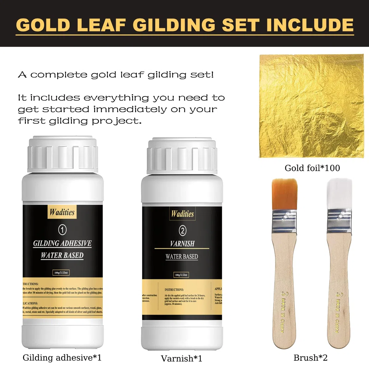 Wadities Set adesivo per doratura a foglia d'oro da 100 ml e vernice protettiva a base d'acqua da 100 ml, foglia d'oro, 100 pezzi, 2 pennelli, per bricolage, pittura e uso professionale
