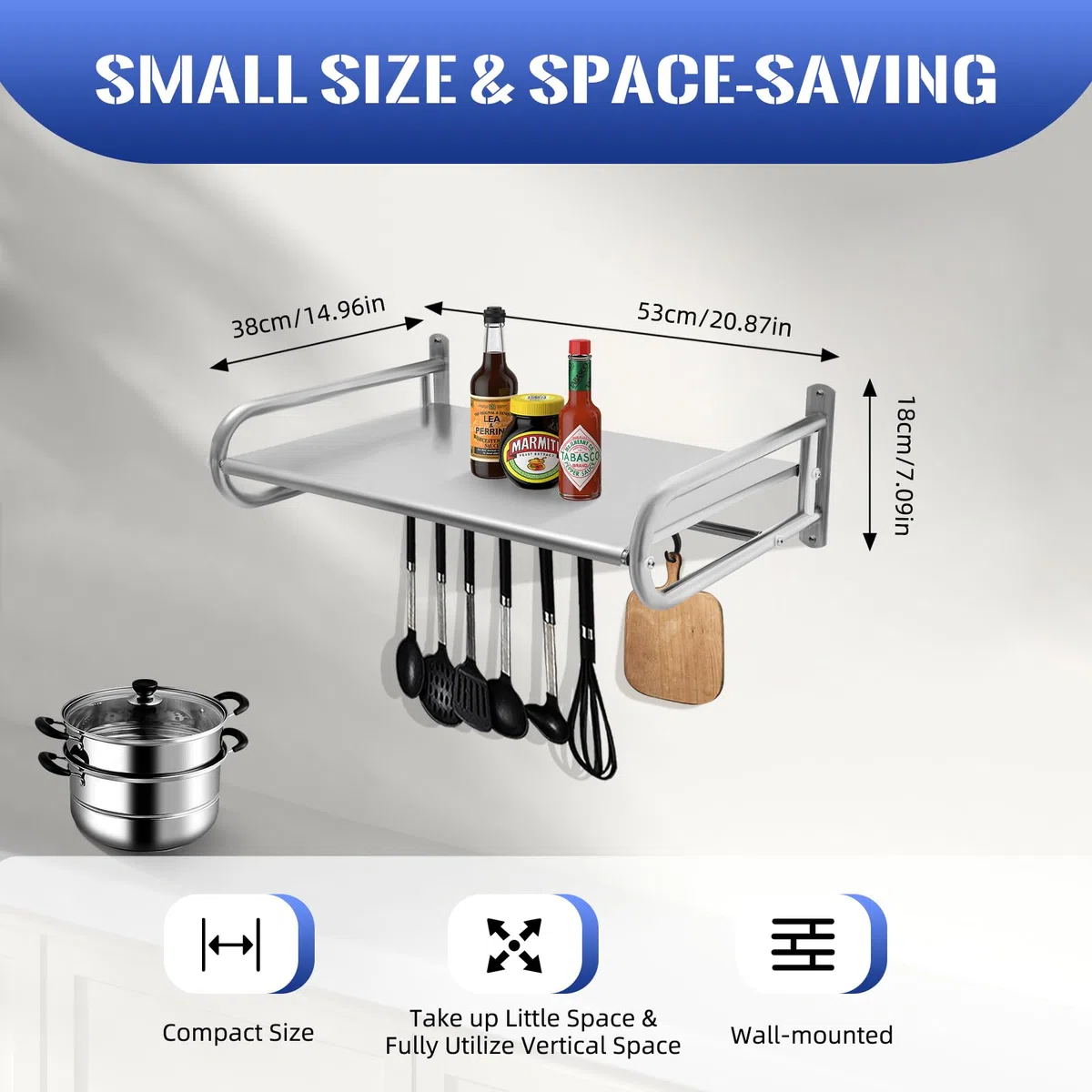 Mensola per microonde in acciaio inox con ganci, supporto da parete per forno a microonde