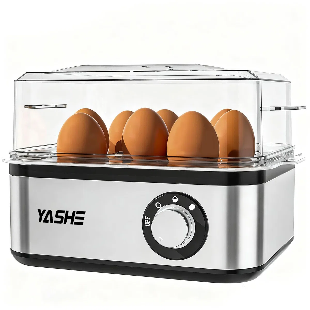 YASHE Cuociuova elettrico in acciaio inox per 8 uova sode, medie e alla coque, in camicia con spegnimento automatico e cicalino, include ciotola per frittata e misurino, senza BPA