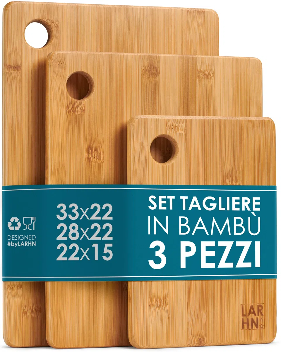 LARHN. Set Taglieri da Cucina in Legno di Bambù - 3 Pezzi Extra Spessi 1,5 cm - Tagliere da Cucina 33x22 / 28x22 / 22x15 cm - Resistenti, Facili da Pulire e Delicati sulle Lame