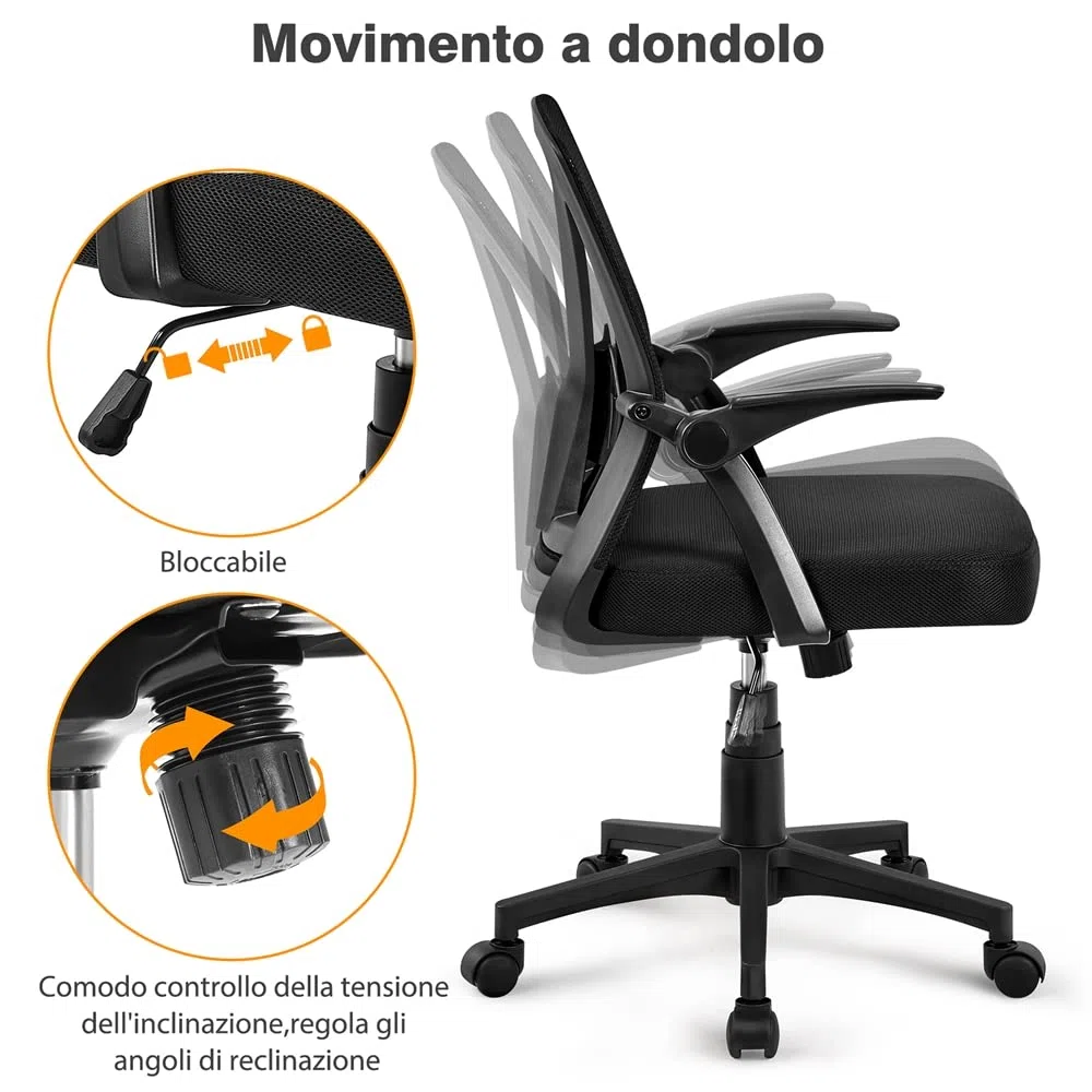 Yaheetech Sedia da Ufficio Scrivania Ergonomica Lombare con Braccioli Altezza Regolabili Ruote Girevoli Schienale in Rete Traspirante Portata 136 kg Nera