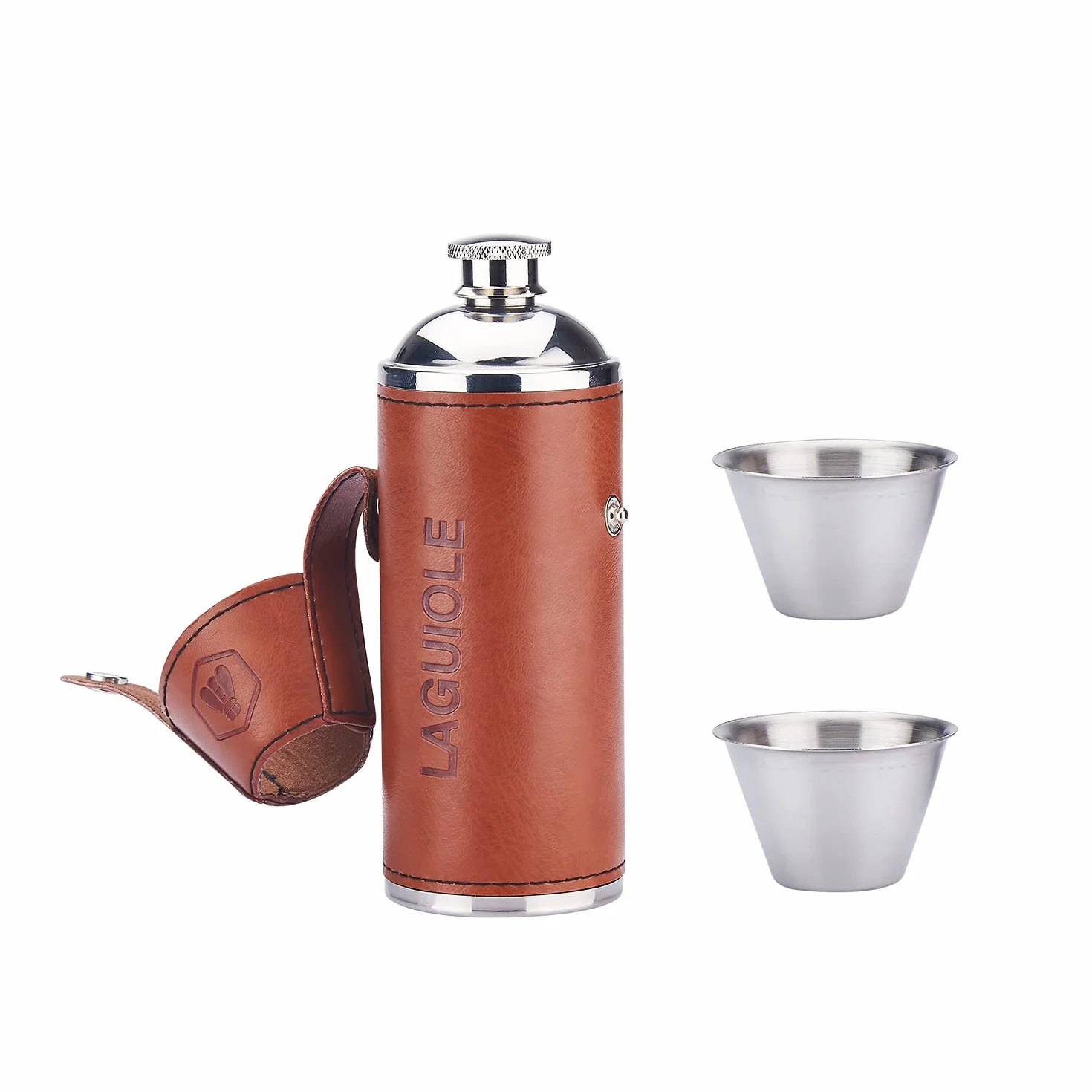 LAGUIOLE - Fiaschetta per alcool con 2 bicchieri - Capacità 8 OZ - 235 ml - similpelle - marrone