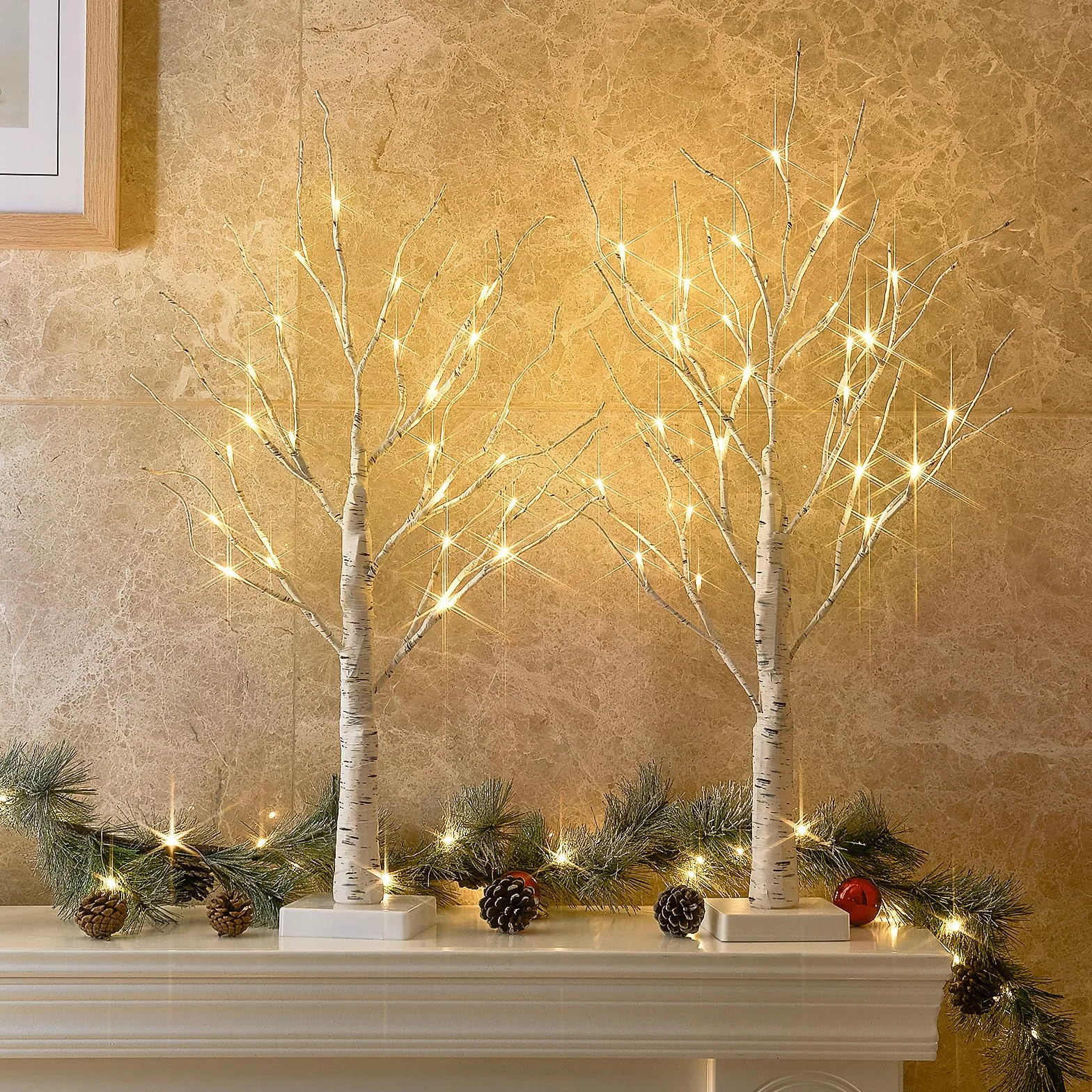 EAMBRITE Set di 2 Albero di luce 24 bianco caldo LED Albero di betulla con funzionamento a batteria, decorazione di Pasqua e Natale per la casa all'interno (60cm/2ft)