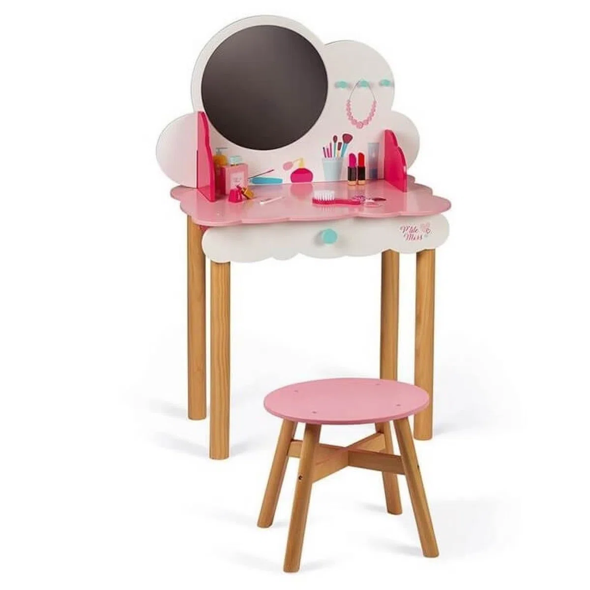 Janod - Toelettatura per Bambini in Legno P'tite Miss - 10 Accessori Inclusi - Imitazione e Sviluppo - A Partire dai 3 Anni, J06553, Rosa e Bianco