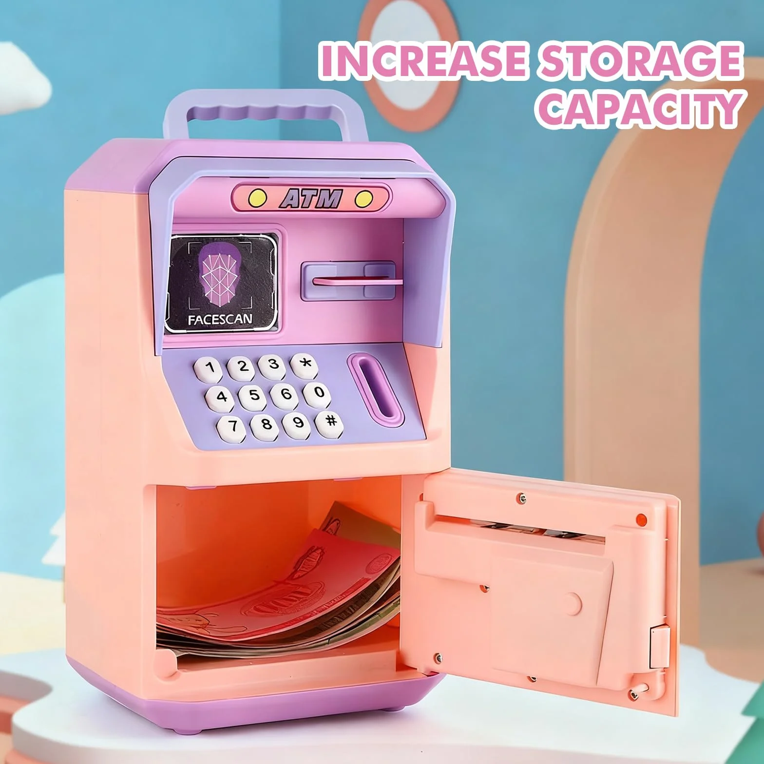 Salvadanaio Elettronico, Cassaforte Salvadanaio Elettronico con Codice, Mini Bancomat con Musica, ATM Digitale Automatico Regalo di Compleanno(Rosa)