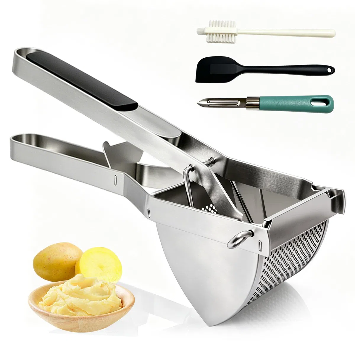 Schiacciapatate, Schiacciapatate Acciaio Inox con Spatola in silicone, spazzola per la pulizia e pelapatate, per Purè di Patate, Frutta, Verdure, Bébé, Limone