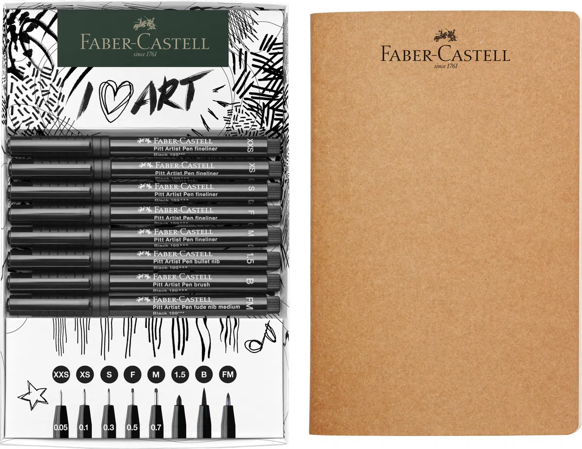 Faber-Castell 267102 - Set da disegno da 9 pezzi, con album da disegno e penne a inchiostro Pitt Artist Pen
