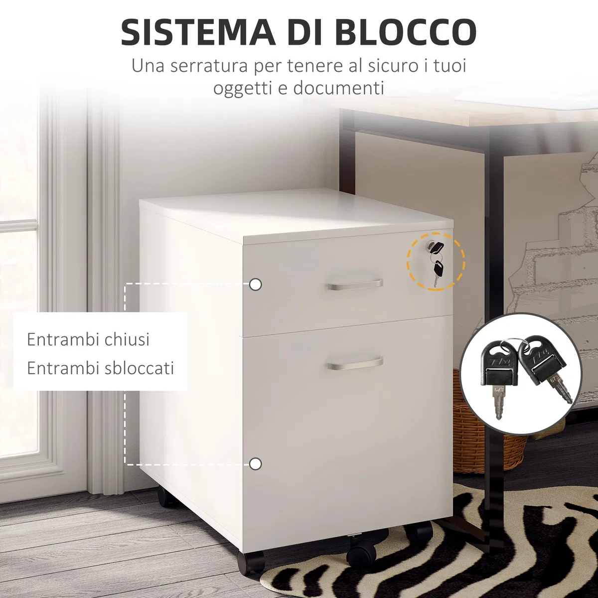 Vinsetto Cassettiera Ufficio con 2 Cassetti e 5 Ruote, Schedario da Ufficio in Legno con Serratura Porta Documenti Cartelle, Ideale per Soggiorno, Studio, 40x49x58 cm, Bianco