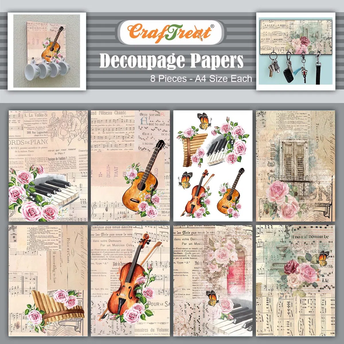 CrafTreat Carta per decoupage per artigianato, musica, formato A4, 8 pezzi, per chitarra, decoupage, carta floreale, album di carta, motivo floreale a tema musicale per mobili, vetro, legno