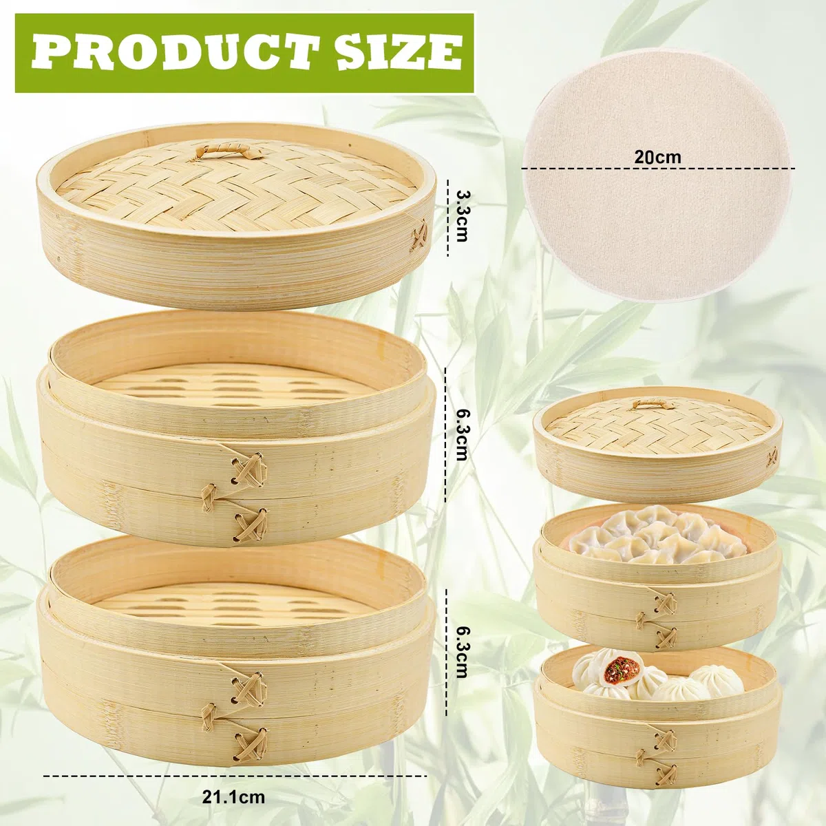 HEKOBAG 2 Pezzi Vaporiera in Bambù, Ø 21cm, Cottura a Vapore Cestello Bambù con Coperchio Cestello Bamboo Cottura a Vapore con 5 Panni per la Cottura a Vapore per Riso, Pesce, Carne, Verdure, Snack