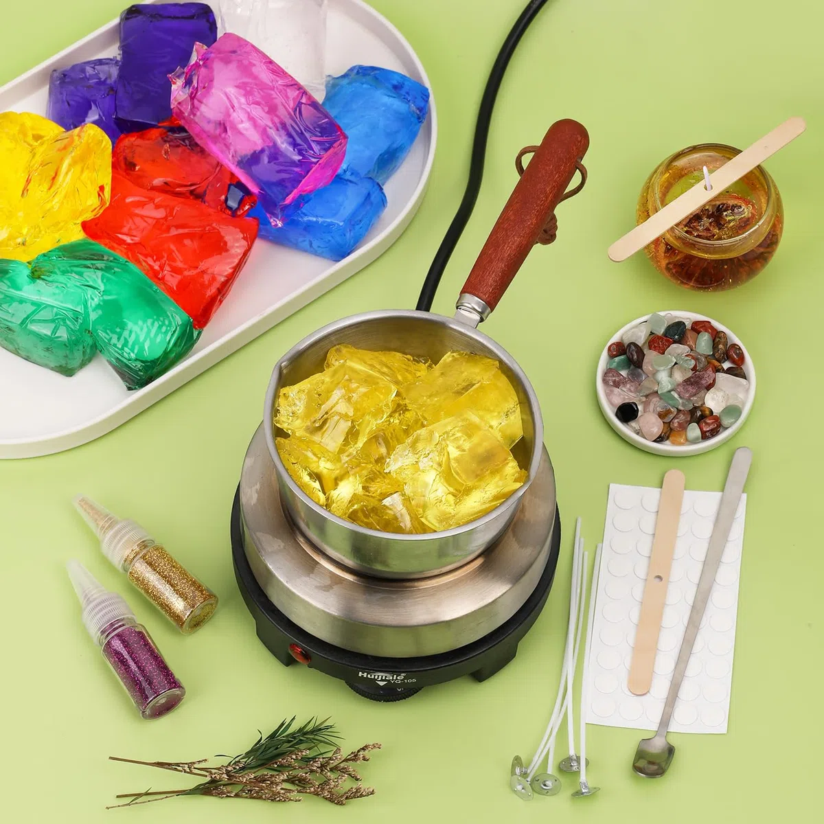 Blingfun Kit Completo per Candele in Gel - 9 Barattoli di Cera Gel -7 Colori con Stoppini, Adesivi, Supporti in Legno - Set DIY per Creare Candele Trasparenti Profumate - Ideale Regalo Creativo