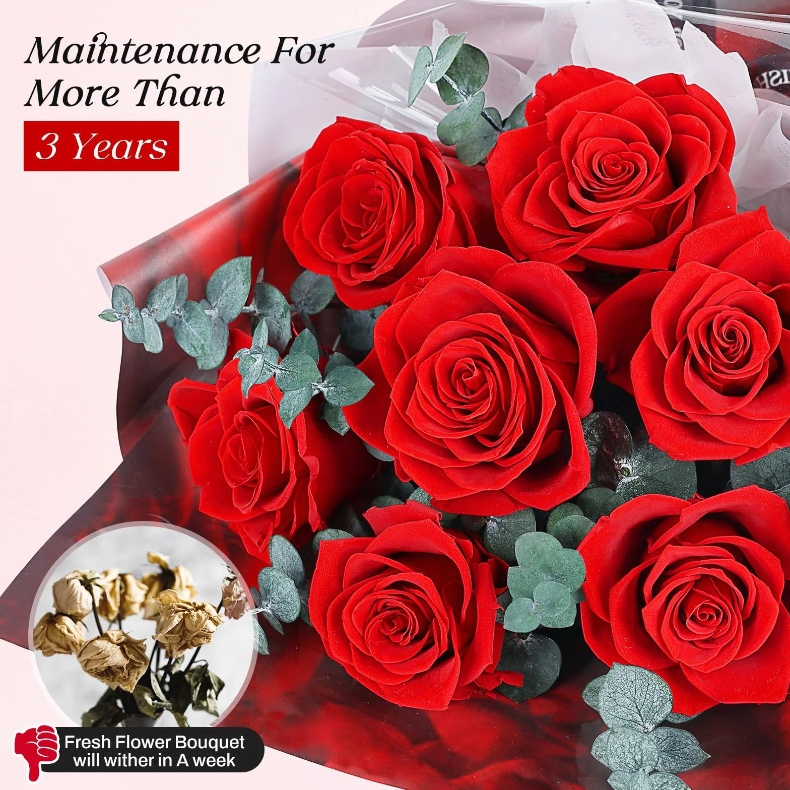 Bouquet di 7 Rose Rosse con Vaso, Rosa Stabilizzata, Fiori Eterni Conservati, Regali per Donna, Mamma, Moglie, Fidanzata, per Compleanno, Anniversario, San Valentino, Festa della Mamma