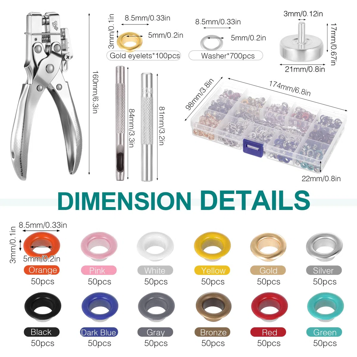 Kinsinder Set di pinze per occhielli da 5 mm, 13 colori, 700 pezzi, set di occhielli per risparmiare lavoro, per teloni, con scatola, adatte per tessuti fai da te, pelle, tende, tela cerata