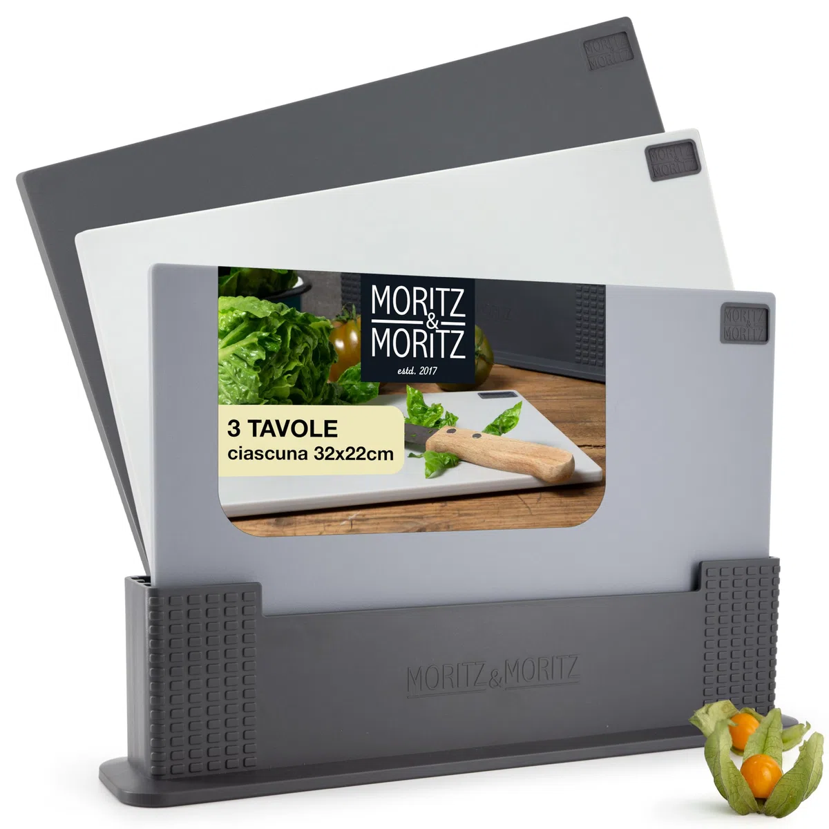 Moritz & Moritz Set Tagliere da Cucina - 3x Taglieri cucina 32 x 22 cm in Porta Taglieri - Grigio e Nero - Set taglieri cucina grande - Tagliere Lavastoviglie e Igienico - Set taglieri plastica
