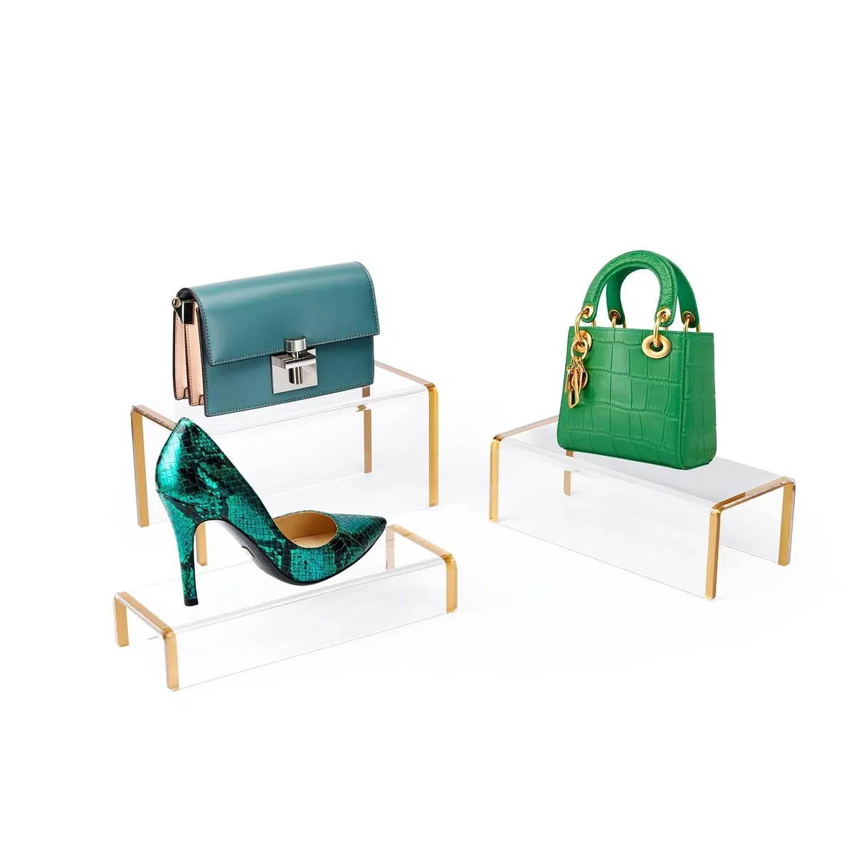 Espositore in Acrilico per Borsa e Scarpa, 5mm Spessore Risers Stand Trasparente con Bordo Oro, 3 Pezzi Lusso Portafoglio Gioielli Perfume Display Showcase per Armadio Venditore al Dettaglio Store