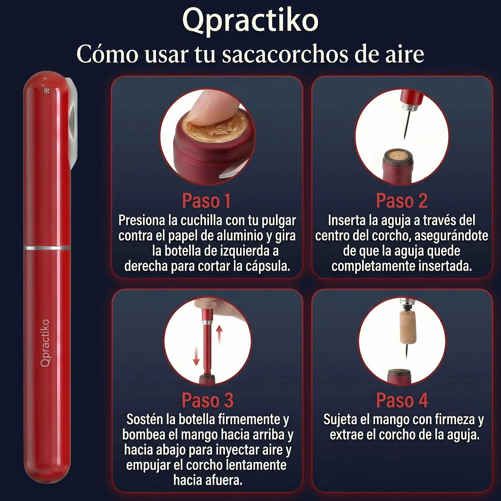 Cavatappi ad aria a pressione, apribottiglie di vino con pompa ad aria, ago in acciaio inox e tagliacapsule, estrai il sughero senza romperlo