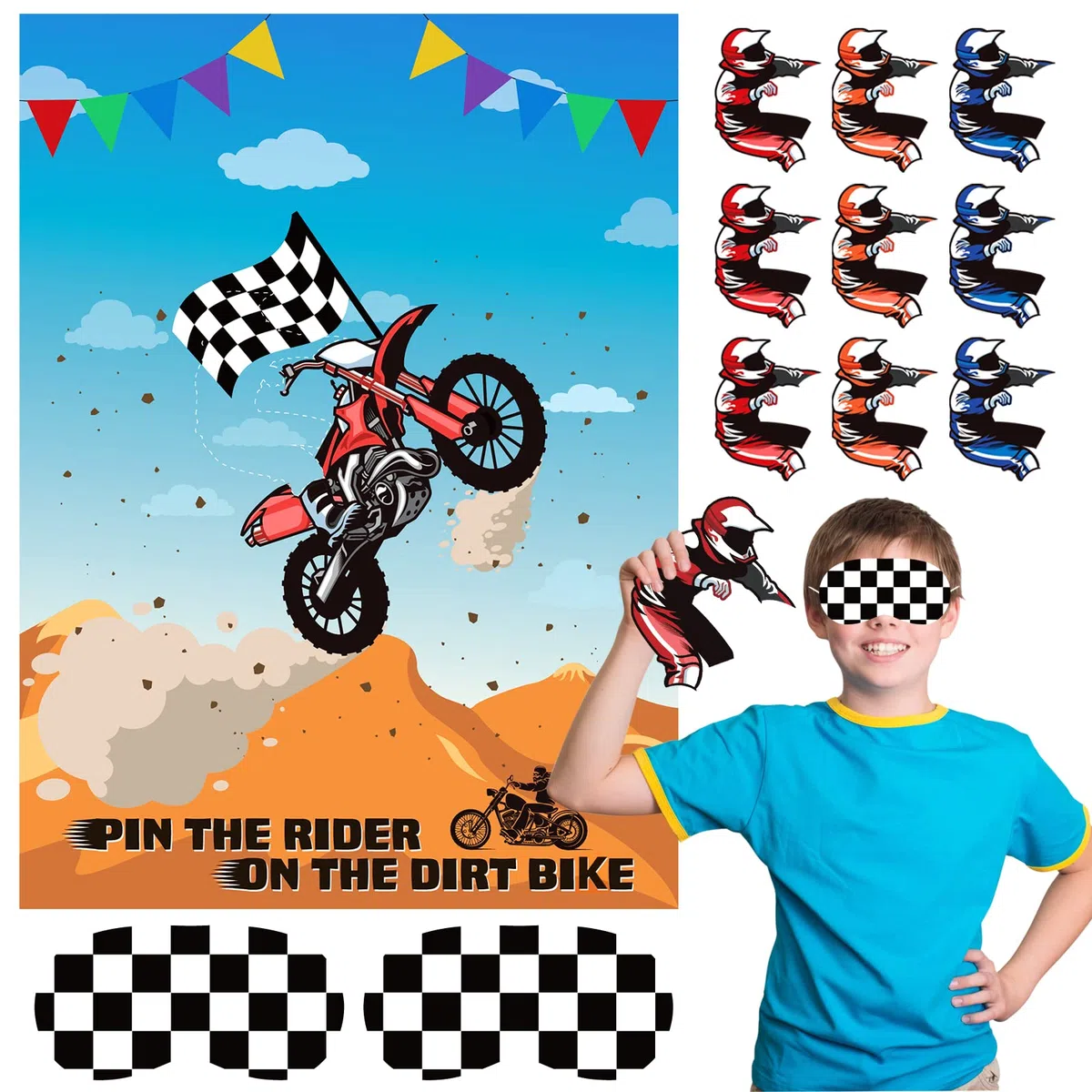 ASTARON Pin The Tail Games Pin The Rider on The Motocross Party Game con 30 adesivi per driver per Dirt Bike Forniture per feste a tema, feste per ragazzi e ragazze, sfondo per baby shower, regali di