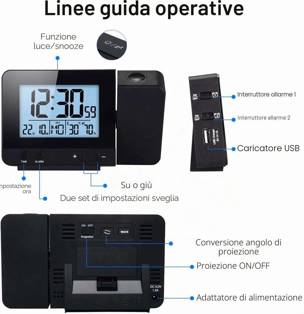 Houkiper Sveglia con Proiettore, Sveglia Digitale Da Comodino a Pile Sveglia Luminosa, Orologio Digitale Da Comodino Oorologio Con Proiezione Ora Temperatura Soffitto (nero)