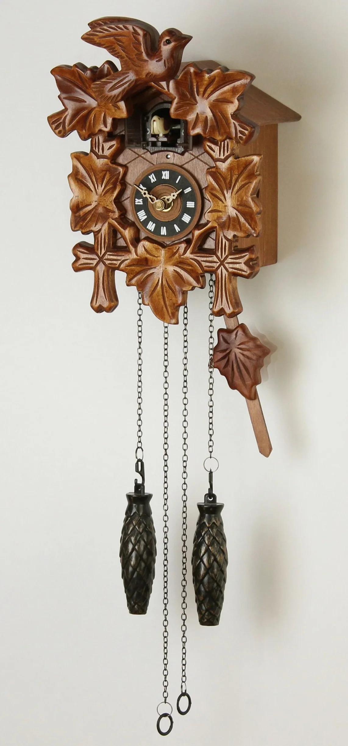 orologio a cucù, in vero legno, alimentato a batterie, a quarzo, suona il richiamo del cuculo, a cinque foglie, 22 cm