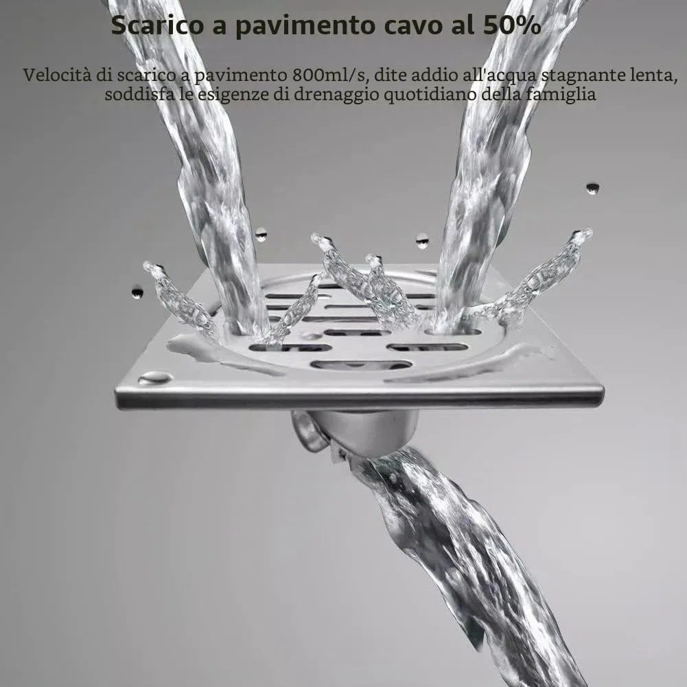 Scarico quadrato a pavimento in acciaio inox con inserto per piastrelle del bagno, anti-odore, anti-intasamento, con filtro rimovibile (stile 2)