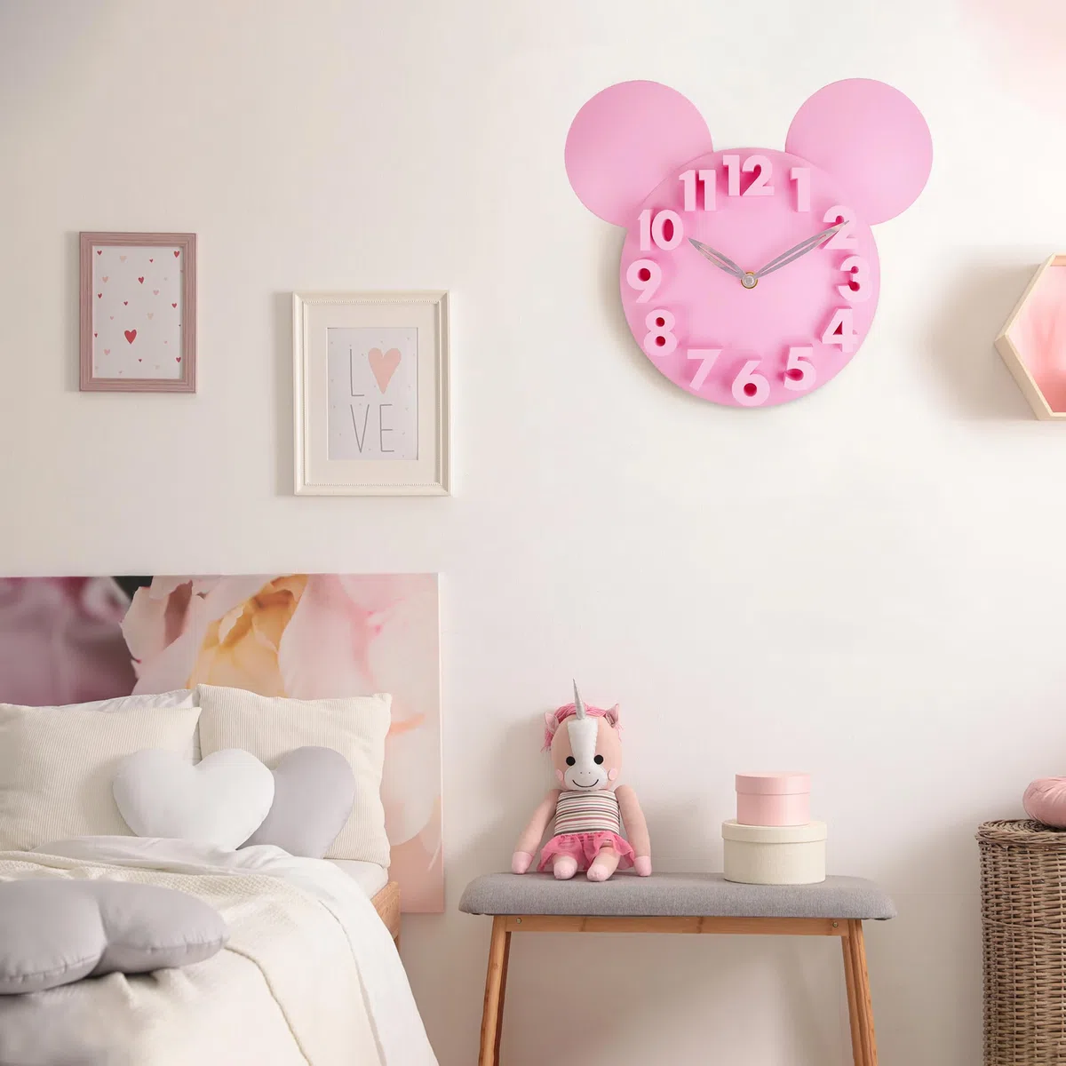 Lafocuse Orologio da Parete Topo Carino Moderno, Numeri 3D Creativo Design, Rosa Orologio Facile da Leggere per Bambini Ragazzo Ragazza Soggiorno Camera da Letto Scuola 32x28cm