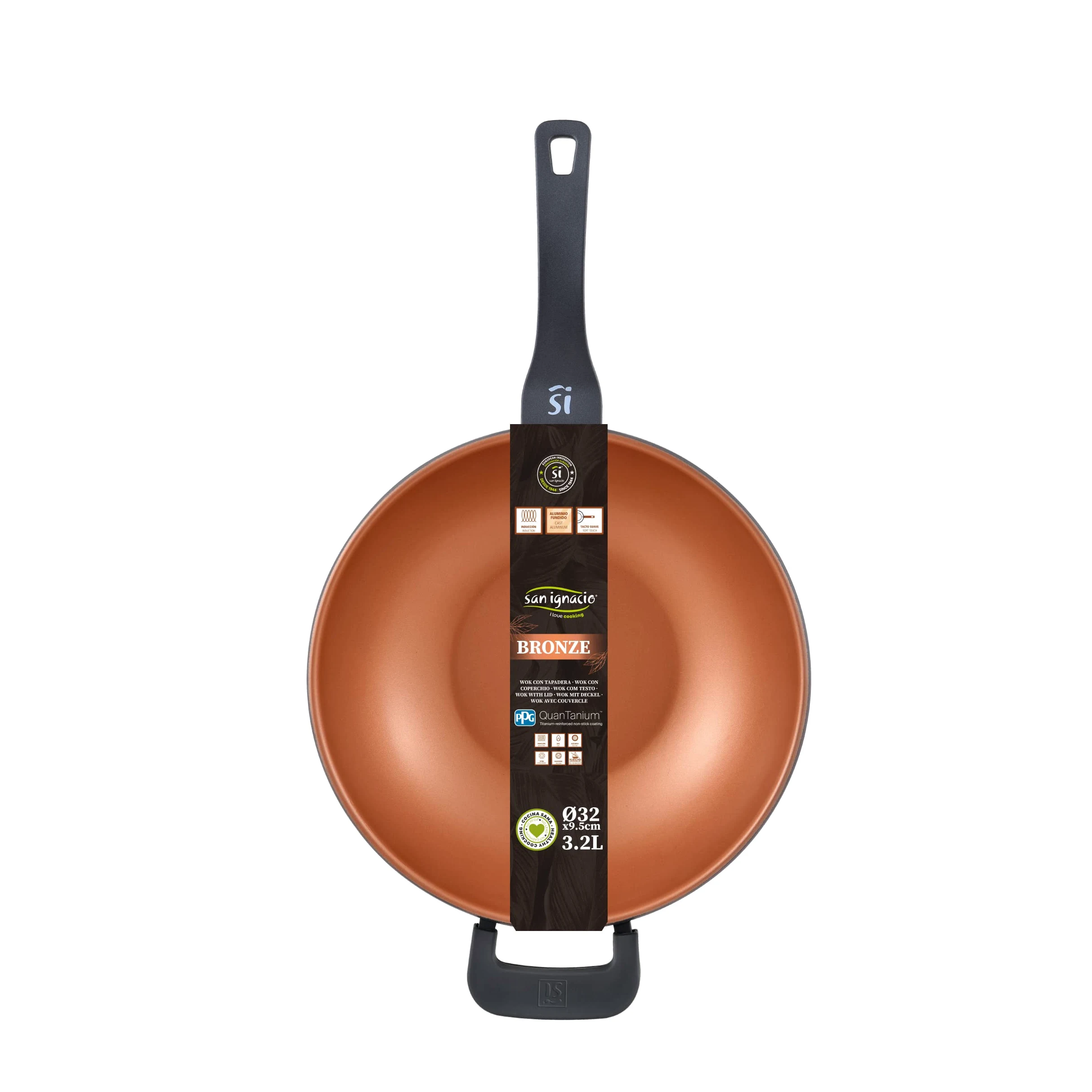 SAN IGNACIO Bronze | Wok 32cm | Antiaderente | Fabbricata in Alluminio Pressofuso | Con Manico Soft Touch | Adatta a Ogni Tipo di Piano Cottura