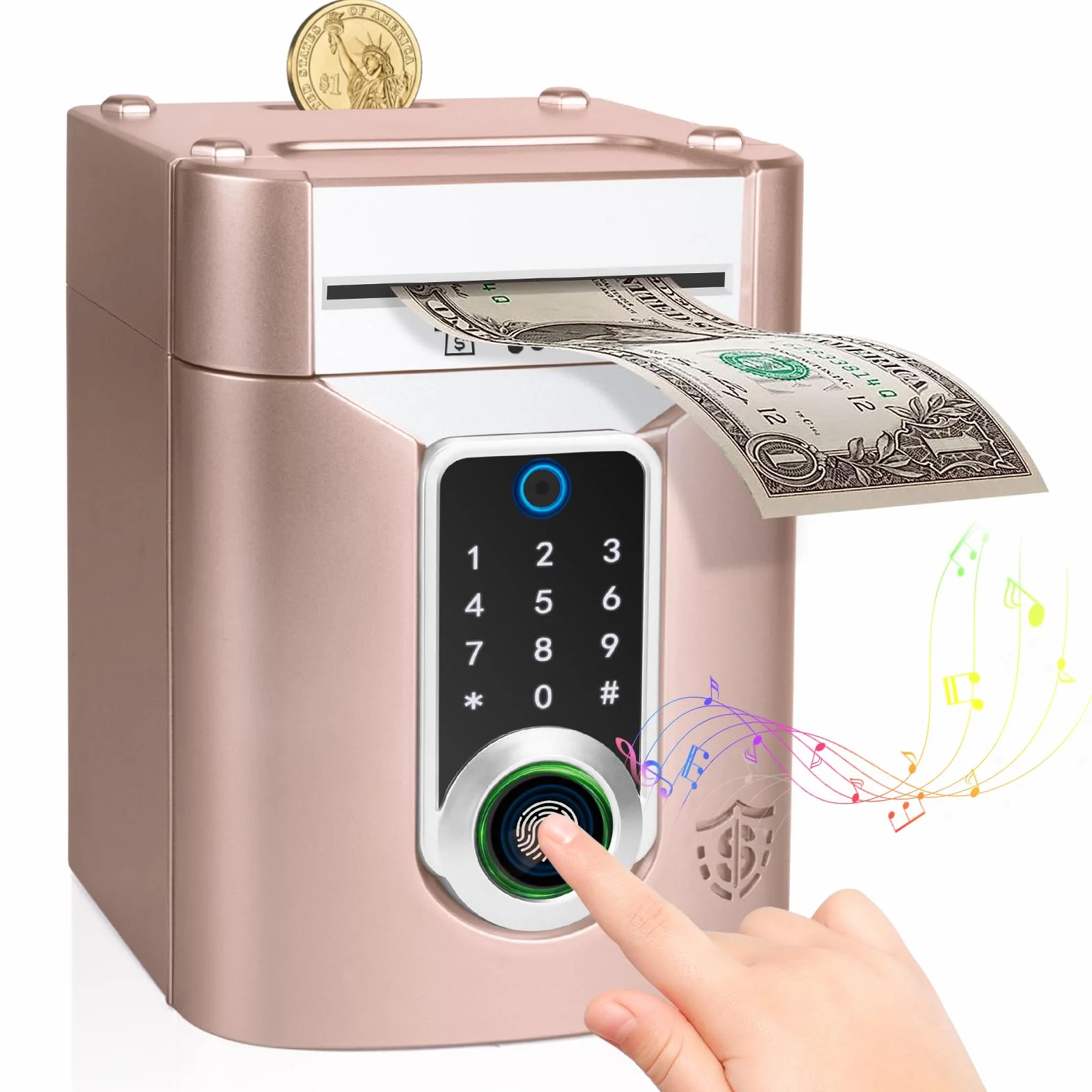 Highttoy Salvadanaio Bambina, Salvadanaio Elettronico con Touchscreen e Impronta Digitale, Regalo Bambina 3-12 Anni Giochi Bimba, Cassaforte Salvadanaio Bancomat per Bambini, Oro Rosa