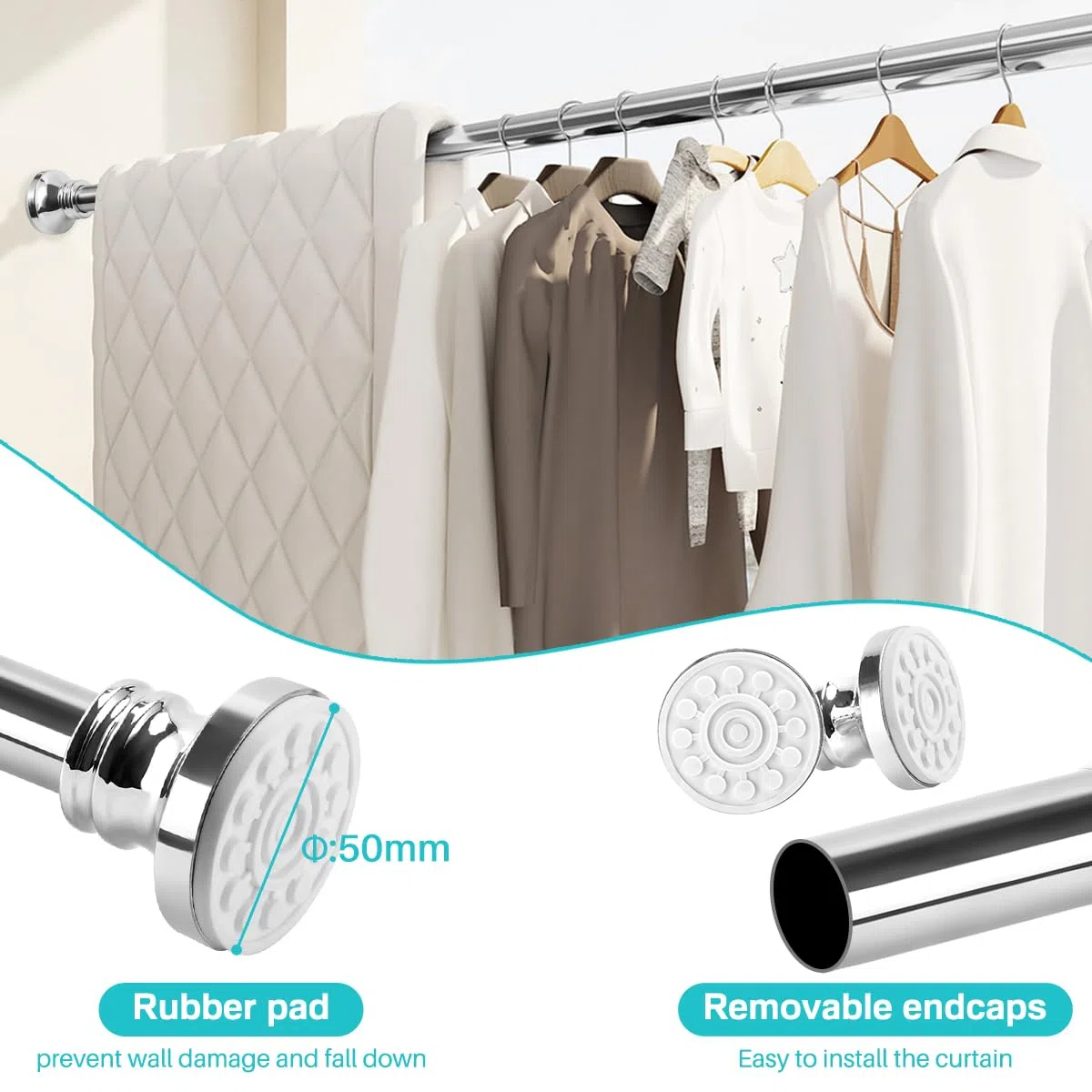 BreeRainz Bastone Tenda a Pressione da 110 a 290 cm Estensibile Bastoni per Tende Telescopico Asta Tenda a Pressione per Finestra Bagno Armadio Armadio Cucina Balcone Porta, Acciaio Inox